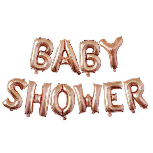 Set Baloane din Folie Metalizata, Model Baby Shower, Litere de 40 cm, Baloane Party, Ambalaj Individual, Pai, Ata si Adeziv Incluse, Umflare cu Aer sau Heliu, Rose Gold
