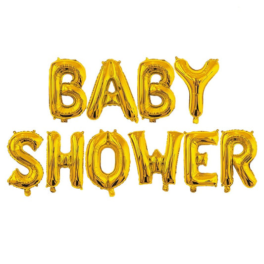 Set Baloane din Folie Metalizata, Model Baby Shower, Litere de 40 cm, Baloane Party, Ambalaj Individual, Pai, Ata si Adeziv Incluse, Umflare cu Aer sau Heliu, Auriu