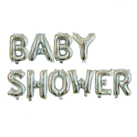 Set Baloane din Folie Metalizata, Model Baby Shower, Litere de 40 cm, Baloane Party, Ambalaj Individual, Pai, Ata si Adeziv Incluse, Umflare cu Aer sau Heliu, Argintiu