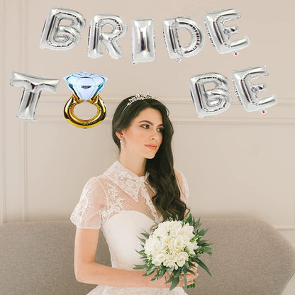 Set Baloane din Folie Metalizata, Model Bride to Be cu Inel de Logodna, Litere de 40 cm, Baloane Party, Ambalaj Individual, Pai Inclus, Umflare cu Aer sau Heliu, Argintiu
