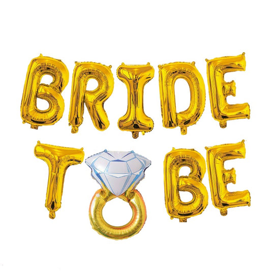 Set Baloane din Folie Metalizata, Model Bride to Be cu Inel de Logodna, Litere de 40 cm, Baloane Party, Ambalaj Individual, Pai Inclus, Umflare cu Aer sau Heliu, Auriu