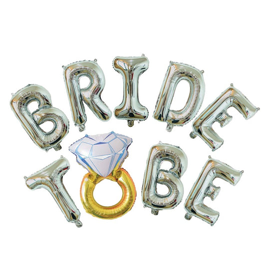 Set Baloane din Folie Metalizata, Model Bride to Be cu Inel de Logodna, Litere de 40 cm, Baloane Party, Ambalaj Individual, Pai Inclus, Umflare cu Aer sau Heliu, Argintiu