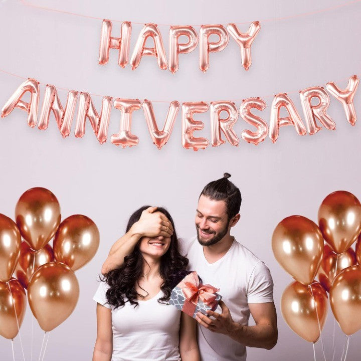 Set Baloane din Folie Metalizata, Model Happy Anniversary, Litere de 40 cm, Baloane Party, Ambalaj Individual, Pai Inclus, Umflare cu Aer sau Heliu, Roz