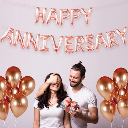 Set Baloane din Folie Metalizata, Model Happy Anniversary, Litere de 40 cm, Baloane Party, Ambalaj Individual, Pai Inclus, Umflare cu Aer sau Heliu, Roz
