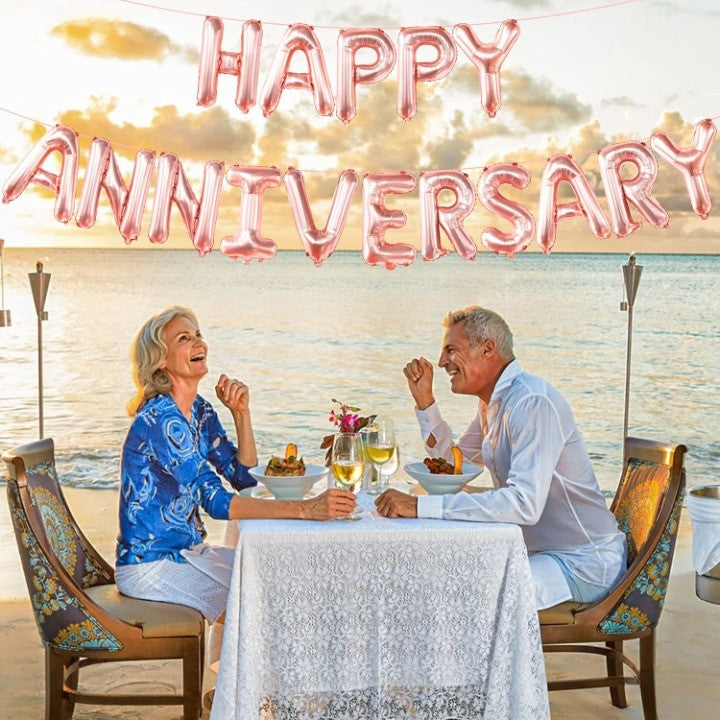Set Baloane din Folie Metalizata, Model Happy Anniversary, Litere de 40 cm, Baloane Party, Ambalaj Individual, Pai Inclus, Umflare cu Aer sau Heliu, Roz