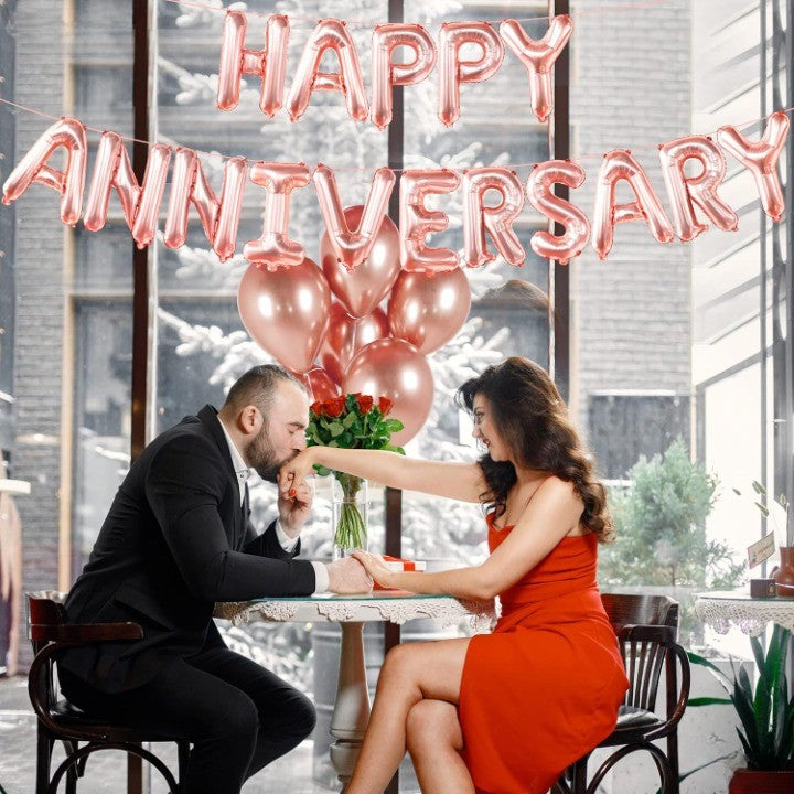 Set Baloane din Folie Metalizata, Model Happy Anniversary, Litere de 40 cm, Baloane Party, Ambalaj Individual, Pai Inclus, Umflare cu Aer sau Heliu, Roz