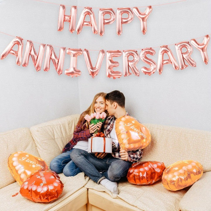 Set Baloane din Folie Metalizata, Model Happy Anniversary, Litere de 40 cm, Baloane Party, Ambalaj Individual, Pai Inclus, Umflare cu Aer sau Heliu, Roz