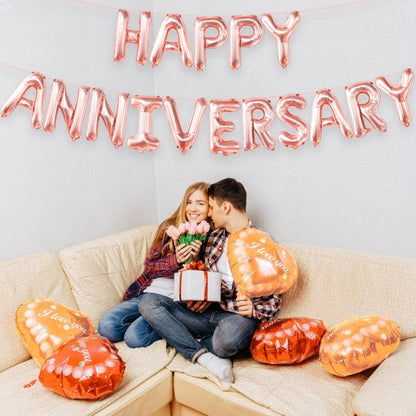 Set Baloane din Folie Metalizata, Model Happy Anniversary, Litere de 40 cm, Baloane Party, Ambalaj Individual, Pai Inclus, Umflare cu Aer sau Heliu, Roz