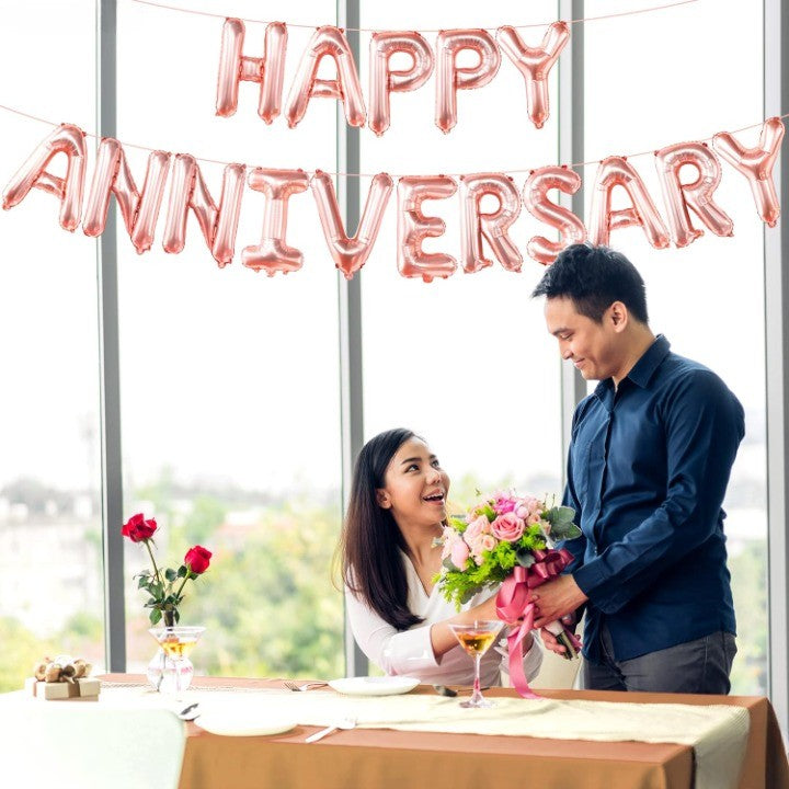 Set Baloane din Folie Metalizata, Model Happy Anniversary, Litere de 40 cm, Baloane Party, Ambalaj Individual, Pai Inclus, Umflare cu Aer sau Heliu, Roz
