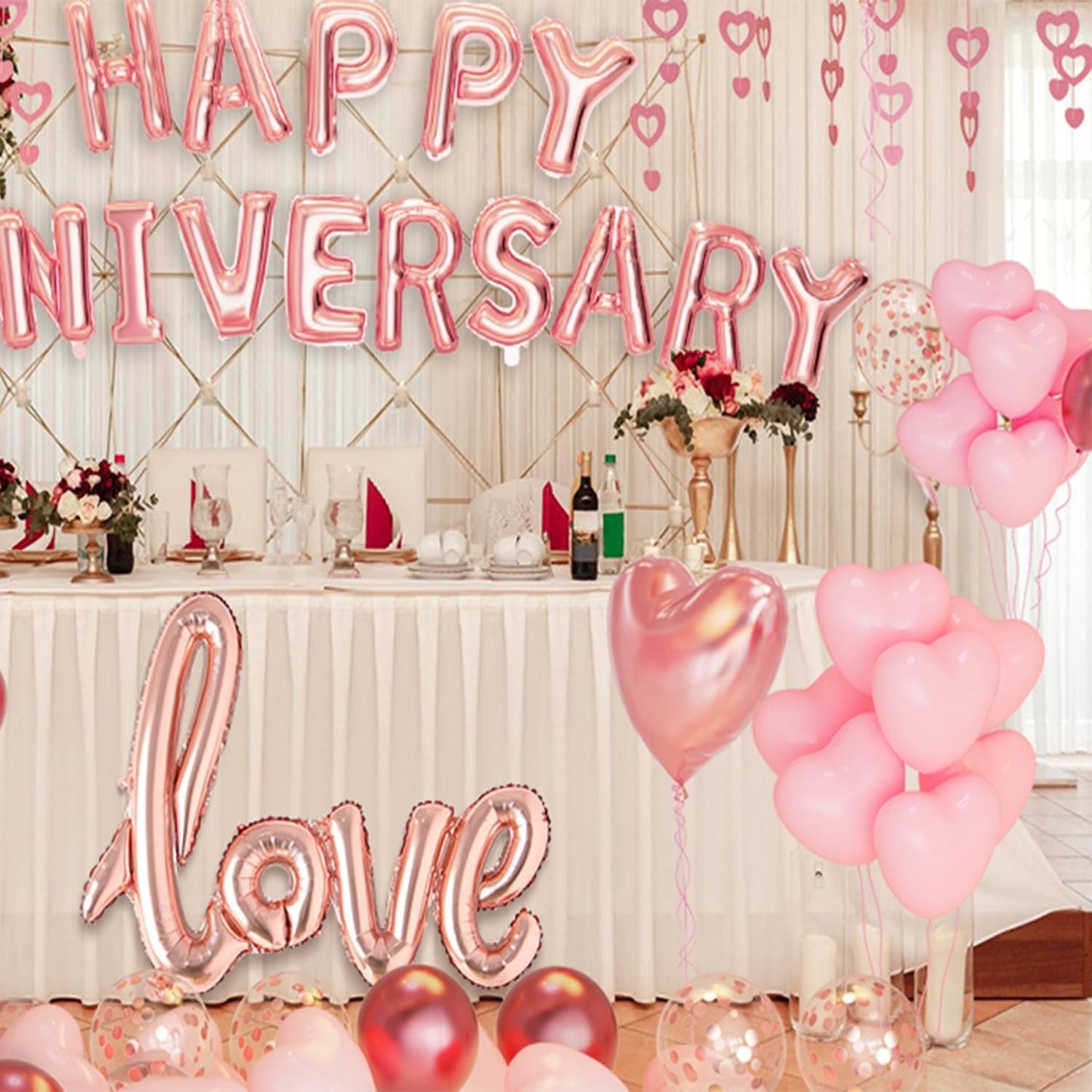 Set Baloane din Folie Metalizata, Model Happy Anniversary, Litere de 40 cm, Baloane Party, Ambalaj Individual, Pai Inclus, Umflare cu Aer sau Heliu, Roz