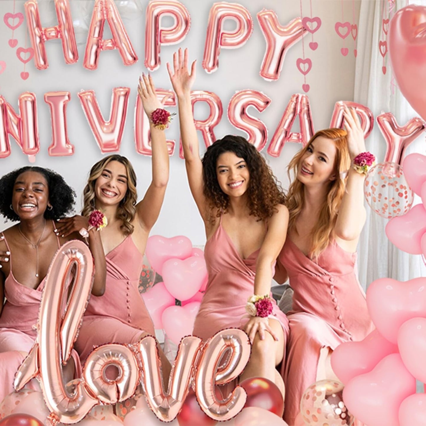 Set Baloane din Folie Metalizata, Model Happy Anniversary, Litere de 40 cm, Baloane Party, Ambalaj Individual, Pai Inclus, Umflare cu Aer sau Heliu, Roz
