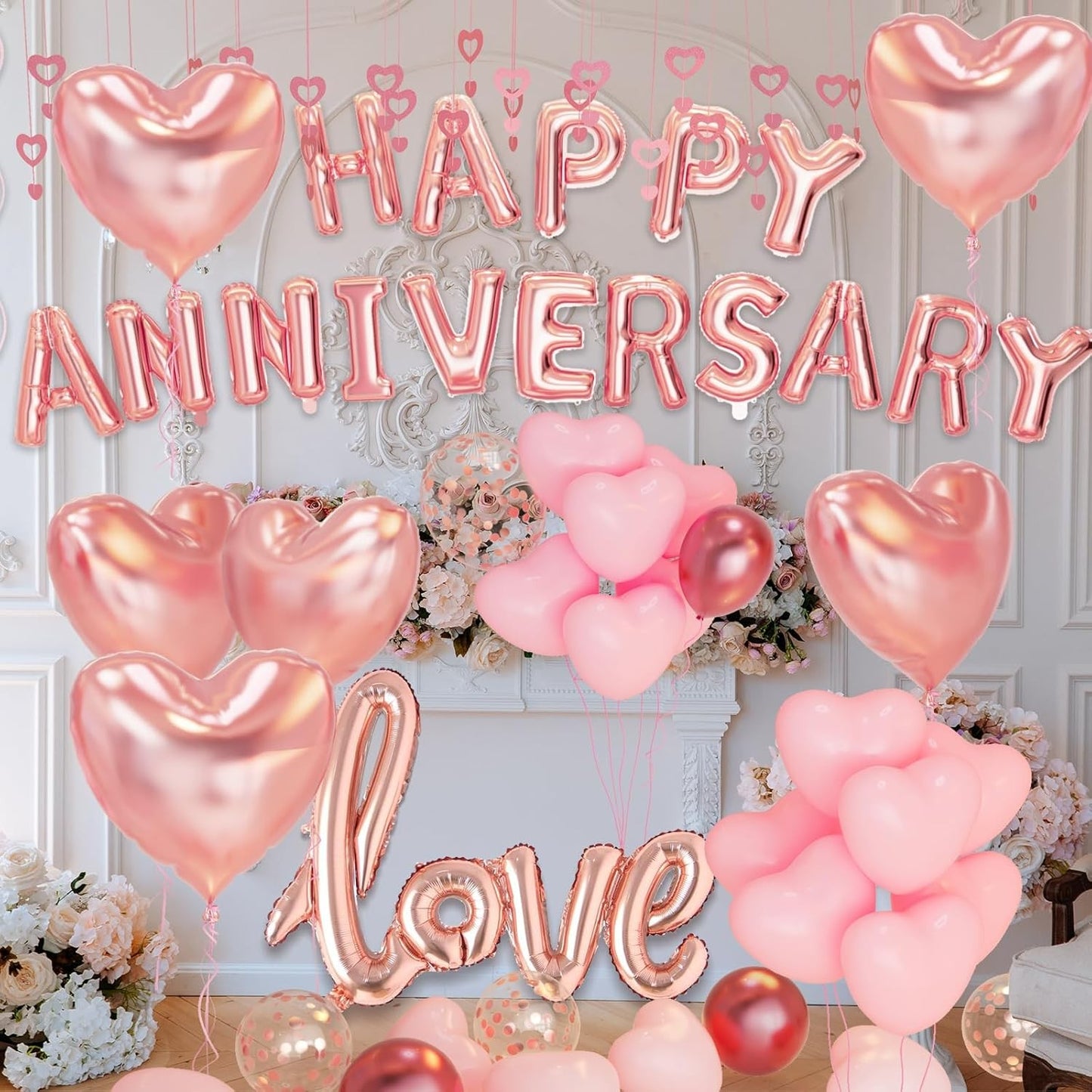 Set Baloane din Folie Metalizata, Model Happy Anniversary, Litere de 40 cm, Baloane Party, Ambalaj Individual, Pai Inclus, Umflare cu Aer sau Heliu, Roz