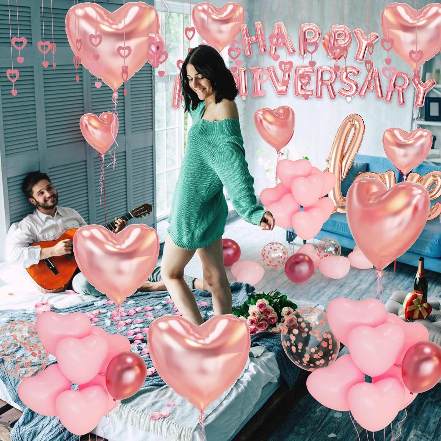 Set Baloane din Folie Metalizata, Model Happy Anniversary, Litere de 40 cm, Baloane Party, Ambalaj Individual, Pai Inclus, Umflare cu Aer sau Heliu, Roz
