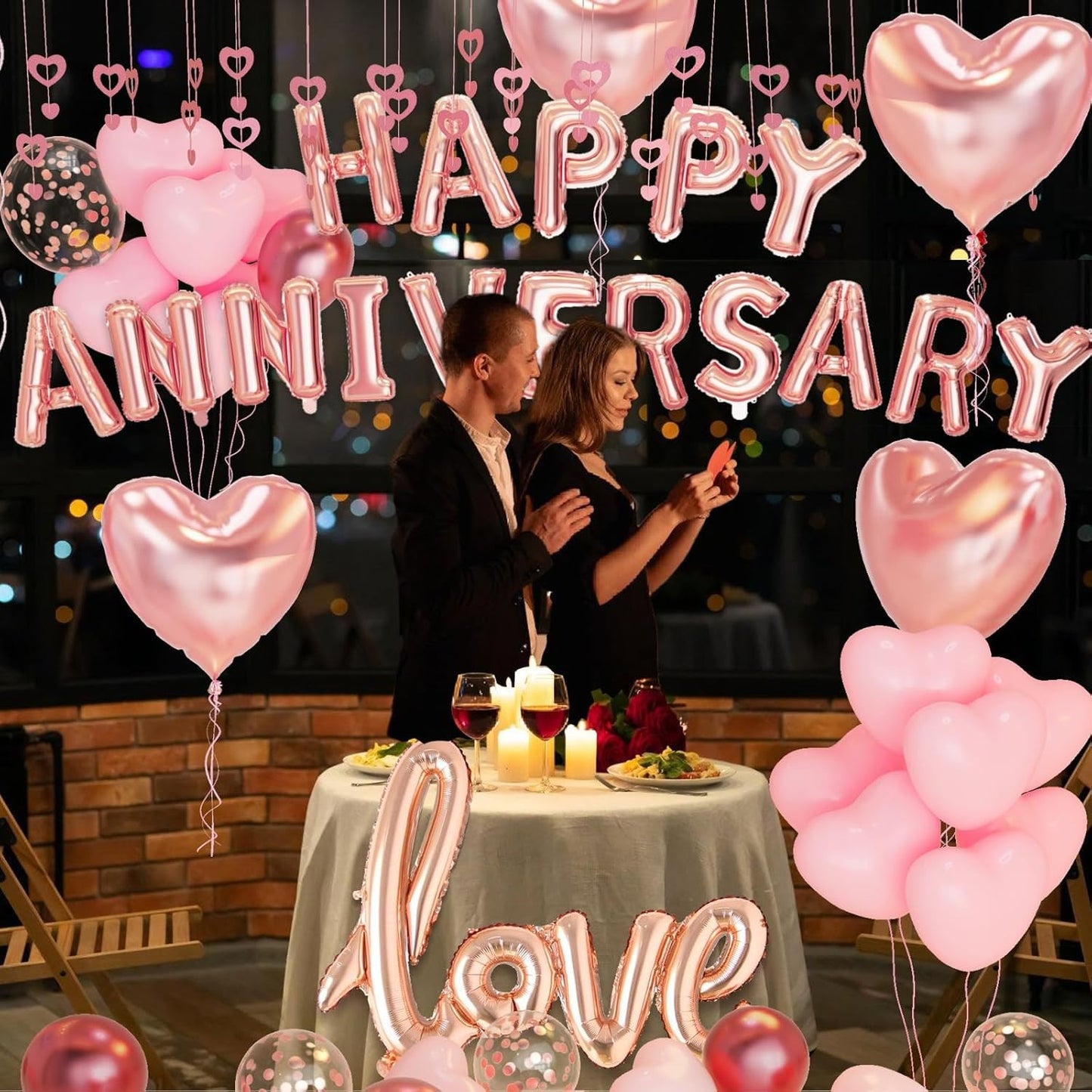 Set Baloane din Folie Metalizata, Model Happy Anniversary, Litere de 40 cm, Baloane Party, Ambalaj Individual, Pai Inclus, Umflare cu Aer sau Heliu, Roz