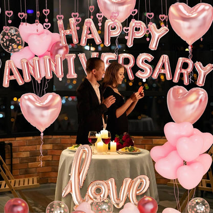 Set Baloane din Folie Metalizata, Model Happy Anniversary, Litere de 40 cm, Baloane Party, Ambalaj Individual, Pai Inclus, Umflare cu Aer sau Heliu, Roz