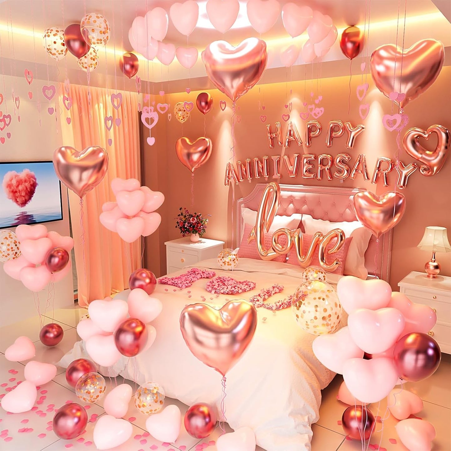 Set Baloane din Folie Metalizata, Model Happy Anniversary, Litere de 40 cm, Baloane Party, Ambalaj Individual, Pai Inclus, Umflare cu Aer sau Heliu, Roz