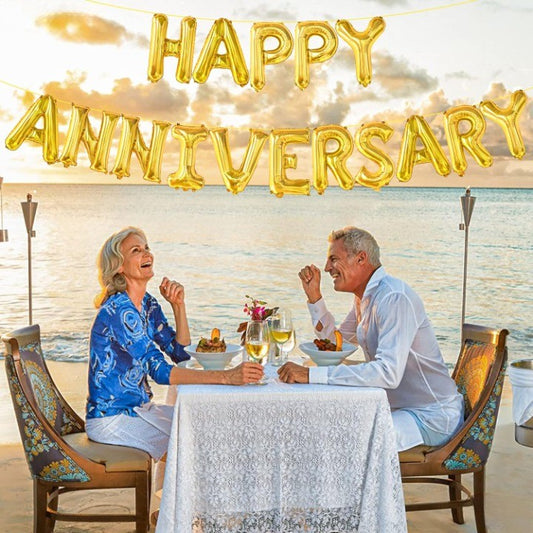 Set Baloane din Folie Metalizata, Model Happy Anniversary, Litere de 40 cm, Baloane Party, Ambalaj Individual, Pai Inclus, Umflare cu Aer sau Heliu, Auriu