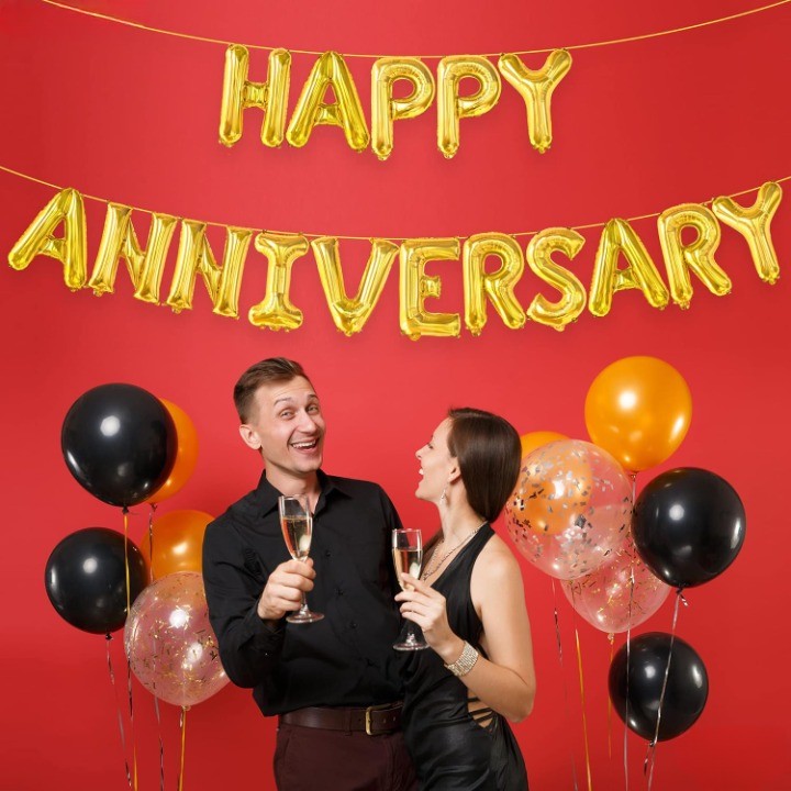 Set Baloane din Folie Metalizata, Model Happy Anniversary, Litere de 40 cm, Baloane Party, Ambalaj Individual, Pai Inclus, Umflare cu Aer sau Heliu, Auriu