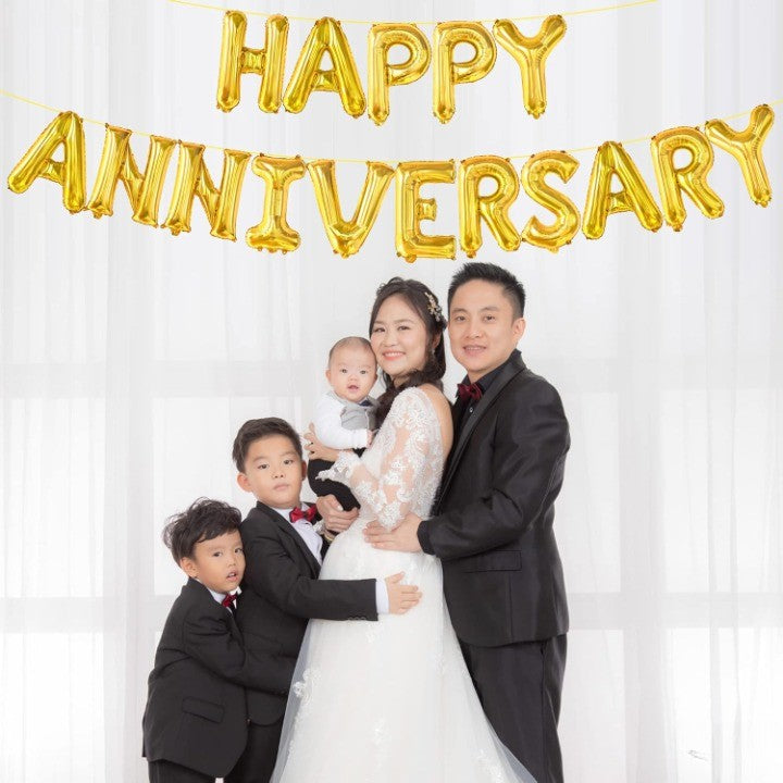 Set Baloane din Folie Metalizata, Model Happy Anniversary, Litere de 40 cm, Baloane Party, Ambalaj Individual, Pai Inclus, Umflare cu Aer sau Heliu, Auriu