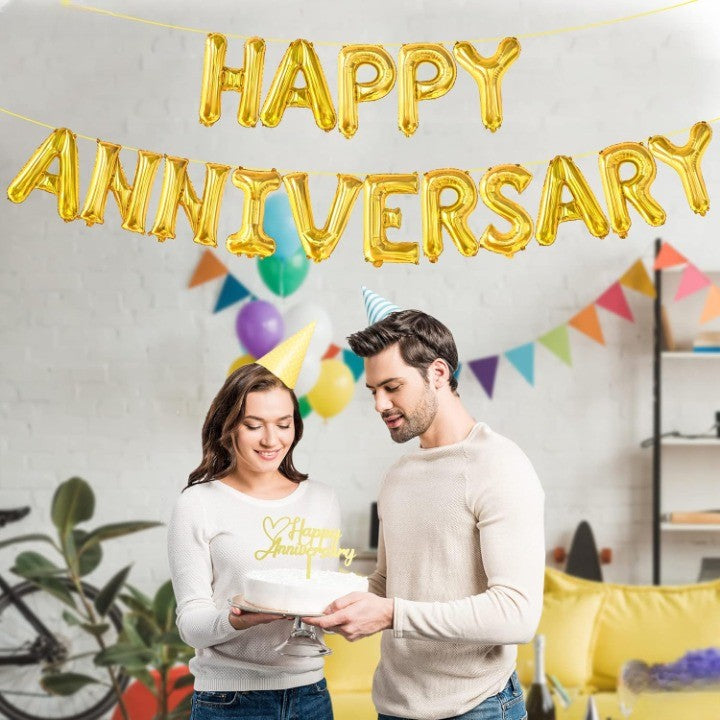 Set Baloane din Folie Metalizata, Model Happy Anniversary, Litere de 40 cm, Baloane Party, Ambalaj Individual, Pai Inclus, Umflare cu Aer sau Heliu, Auriu