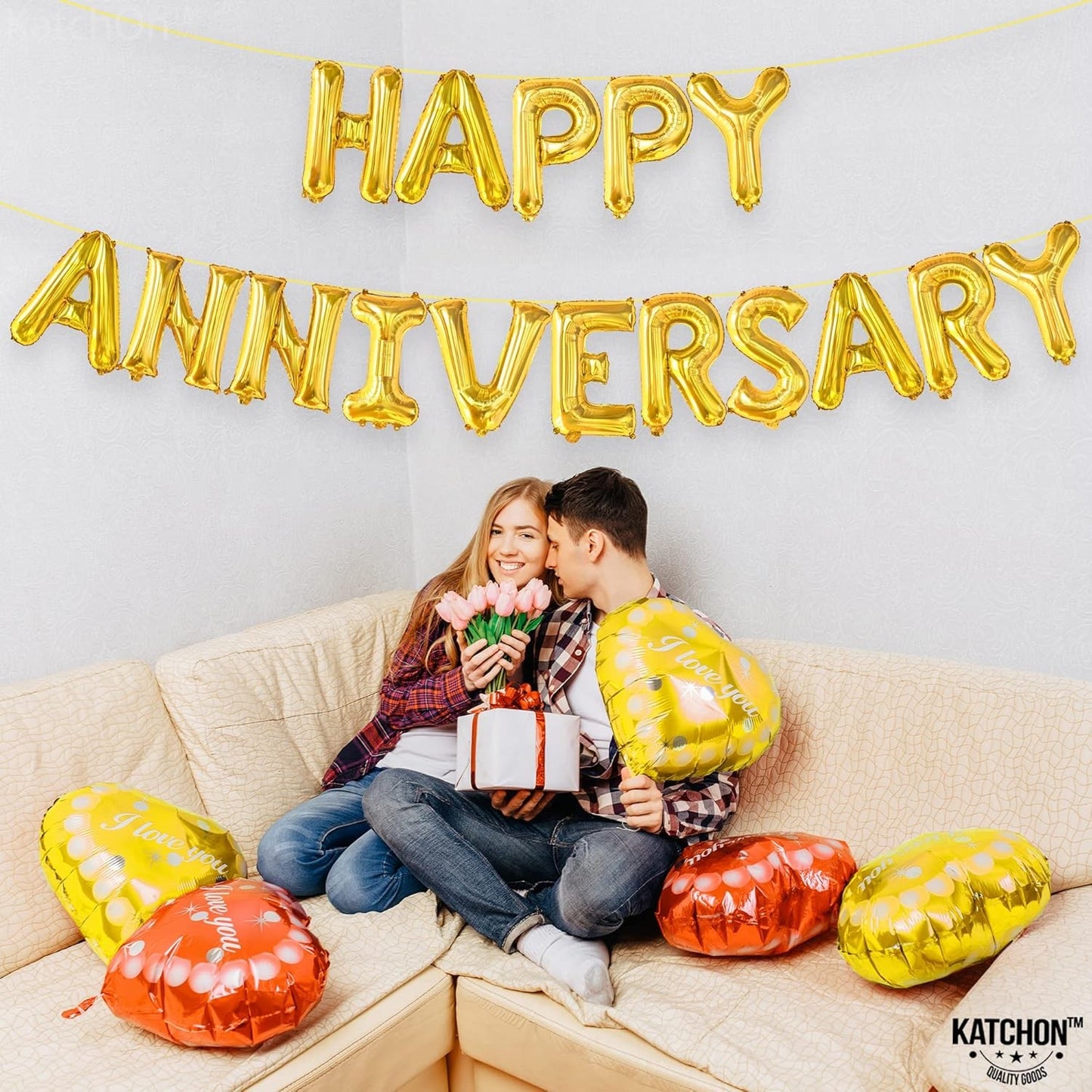 Set Baloane din Folie Metalizata, Model Happy Anniversary, Litere de 40 cm, Baloane Party, Ambalaj Individual, Pai Inclus, Umflare cu Aer sau Heliu, Auriu
