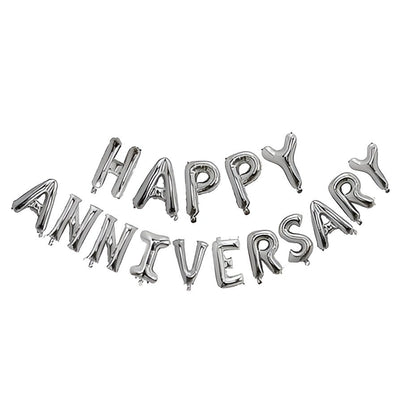Set Baloane din Folie Metalizată, Model Happy Anniversary, Litere de 40 cm, Baloane Party, Ambalaj Individual, Pai inclus, Umflare cu Aer sau Heliu, Argintiu