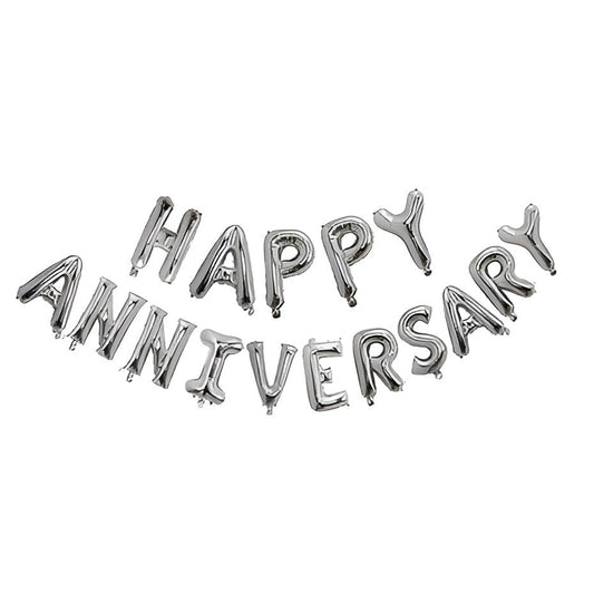 Set Baloane din Folie Metalizată, Model Happy Anniversary, Litere de 40 cm, Baloane Party, Ambalaj Individual, Pai inclus, Umflare cu Aer sau Heliu, Argintiu
