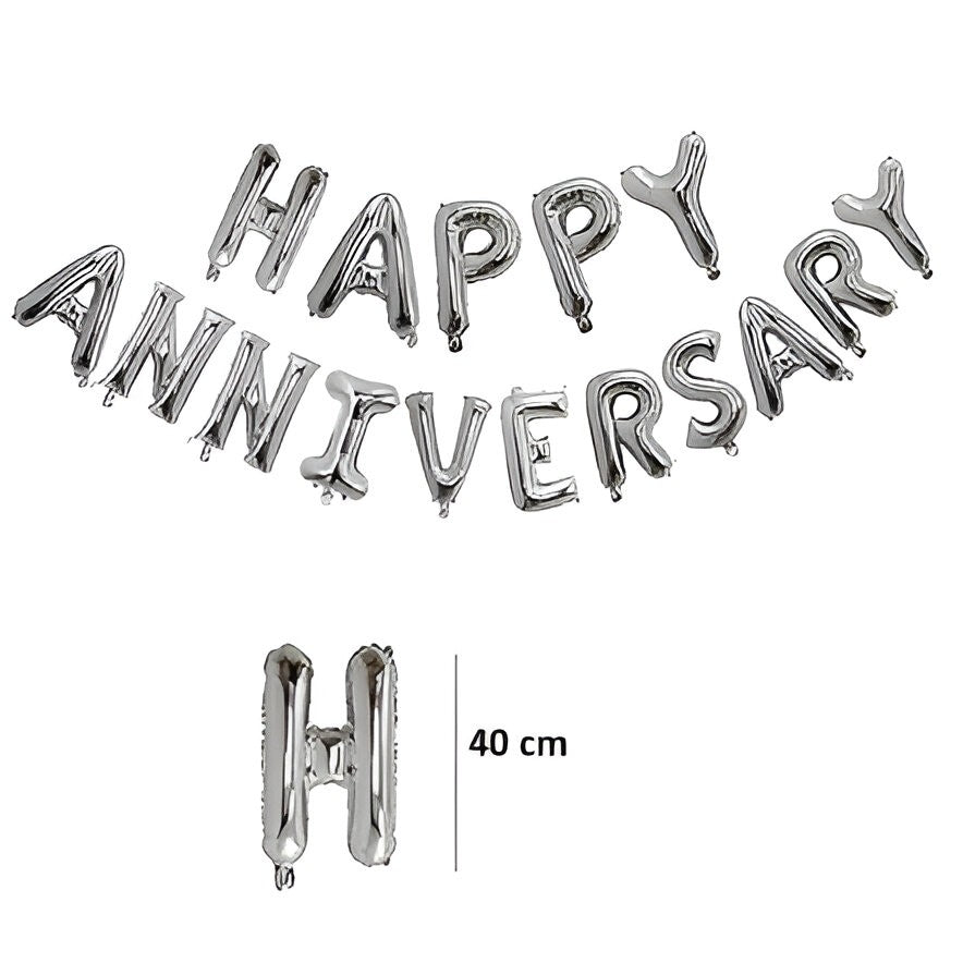 Set Baloane din Folie Metalizată, Model Happy Anniversary, Litere de 40 cm, Baloane Party, Ambalaj Individual, Pai inclus, Umflare cu Aer sau Heliu, Argintiu