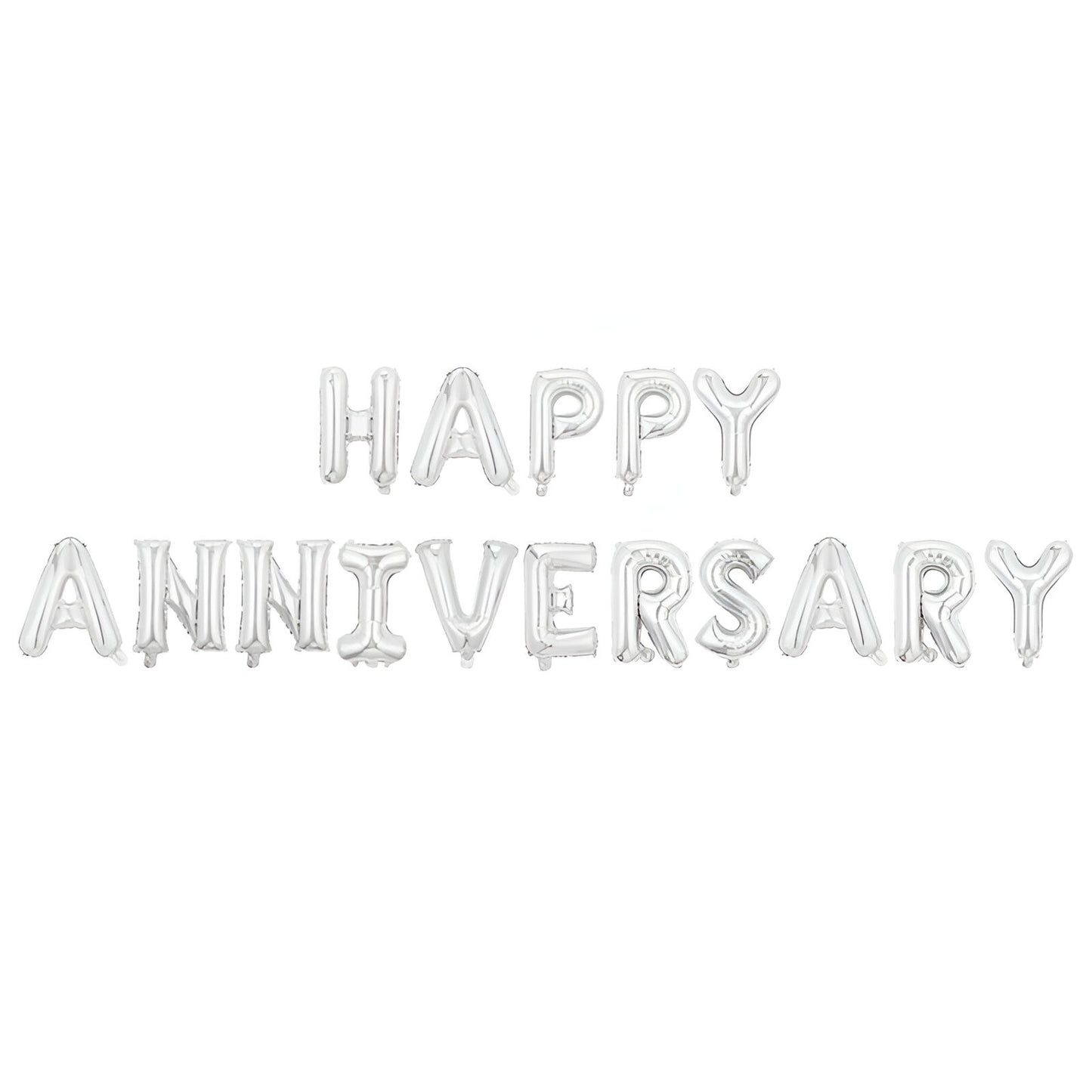 Set Baloane din Folie Metalizată, Model Happy Anniversary, Litere de 40 cm, Baloane Party, Ambalaj Individual, Pai inclus, Umflare cu Aer sau Heliu, Argintiu
