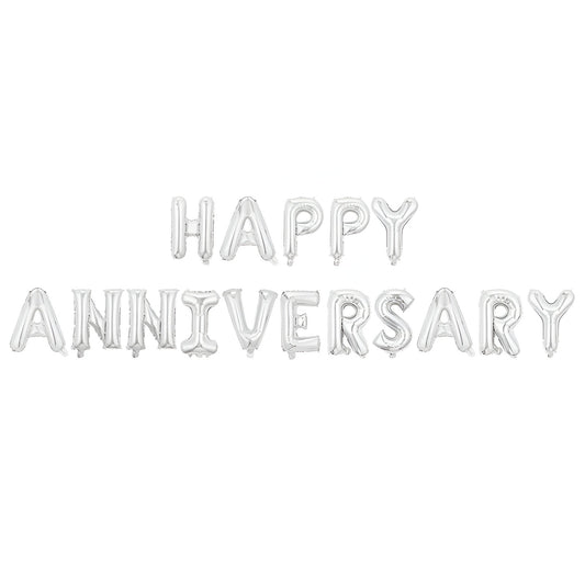Set Baloane din Folie Metalizată, Model Happy Anniversary, Litere de 40 cm, Baloane Party, Ambalaj Individual, Pai inclus, Umflare cu Aer sau Heliu, Argintiu