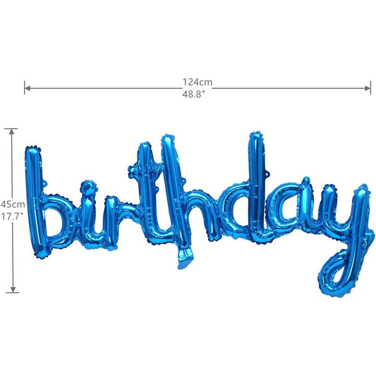 Set Baloane din Folie Metalizata, Model Happy Birthday, 45x85 cm, 45x124cm, Baloane Party, Ambalaj Individual, Pai Inclus, Umflare cu Aer sau Heliu, Albastru