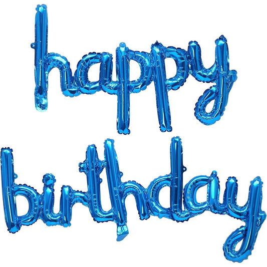 Set Baloane din Folie Metalizata, Model Happy Birthday, 45x85 cm, 45x124cm, Baloane Party, Ambalaj Individual, Pai Inclus, Umflare cu Aer sau Heliu, Albastru