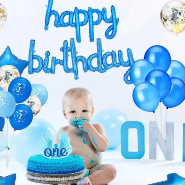 Set Baloane din Folie Metalizata, Model Happy Birthday, 45x85 cm, 45x124cm, Baloane Party, Ambalaj Individual, Pai Inclus, Umflare cu Aer sau Heliu, Albastru