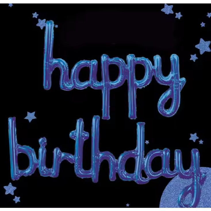 Set Baloane din Folie Metalizata, Model Happy Birthday, 45x85 cm, 45x124cm, Baloane Party, Ambalaj Individual, Pai Inclus, Umflare cu Aer sau Heliu, Albastru