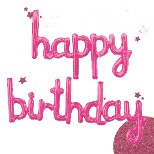 Set Baloane din Folie Metalizata, Model Happy Birthday, 45x85 cm, 45x124cm, Baloane Party, Ambalaj Individual, Pai Inclus, Umflare cu Aer sau Heliu, Roz