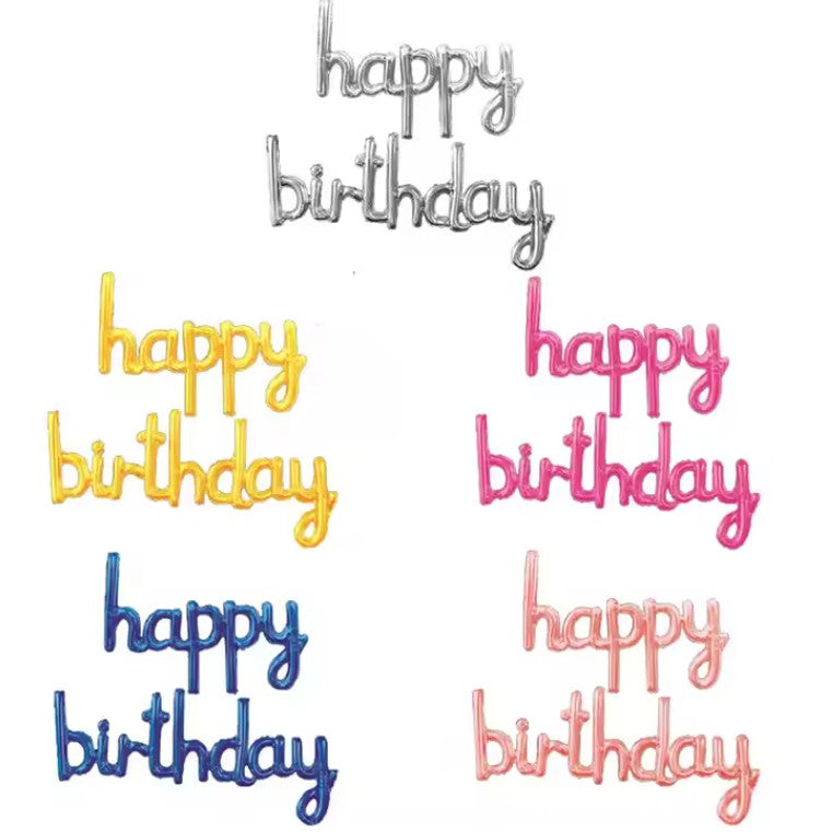 Set Baloane din Folie Metalizata, Model Happy Birthday, 45x85 cm, 45x124cm, Baloane Party, Ambalaj Individual, Pai Inclus, Umflare cu Aer sau Heliu, Roz