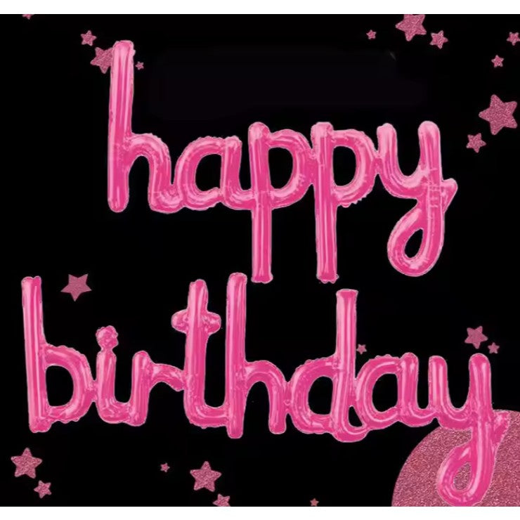 Set Baloane din Folie Metalizata, Model Happy Birthday, 45x85 cm, 45x124cm, Baloane Party, Ambalaj Individual, Pai Inclus, Umflare cu Aer sau Heliu, Roz
