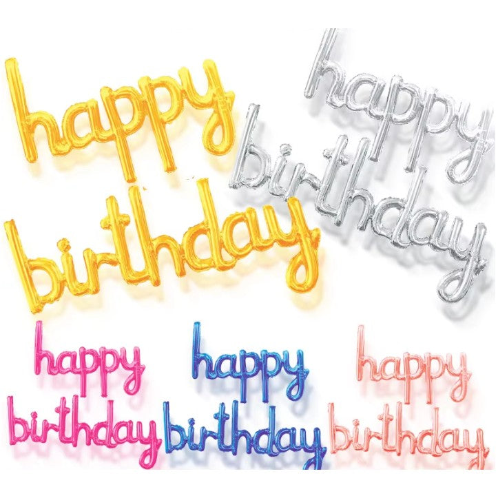 Set Baloane din Folie Metalizata, Model Happy Birthday, 45x85 cm, 45x124cm, Baloane Party, Ambalaj Individual, Pai Inclus, Umflare cu Aer sau Heliu, Roz