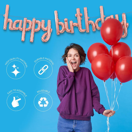 Set Baloane din Folie Metalizata, Model Happy Birthday, 45x85 cm, 45x124cm, Baloane Party, Ambalaj Individual, Pai Inclus, Umflare cu Aer sau Heliu, Roz Pal
