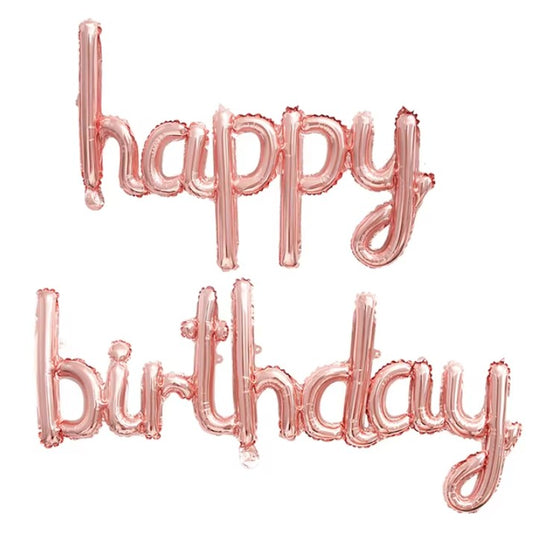 Set Baloane din Folie Metalizata, Model Happy Birthday, 45x85 cm, 45x124cm, Baloane Party, Ambalaj Individual, Pai Inclus, Umflare cu Aer sau Heliu, Roz Pal