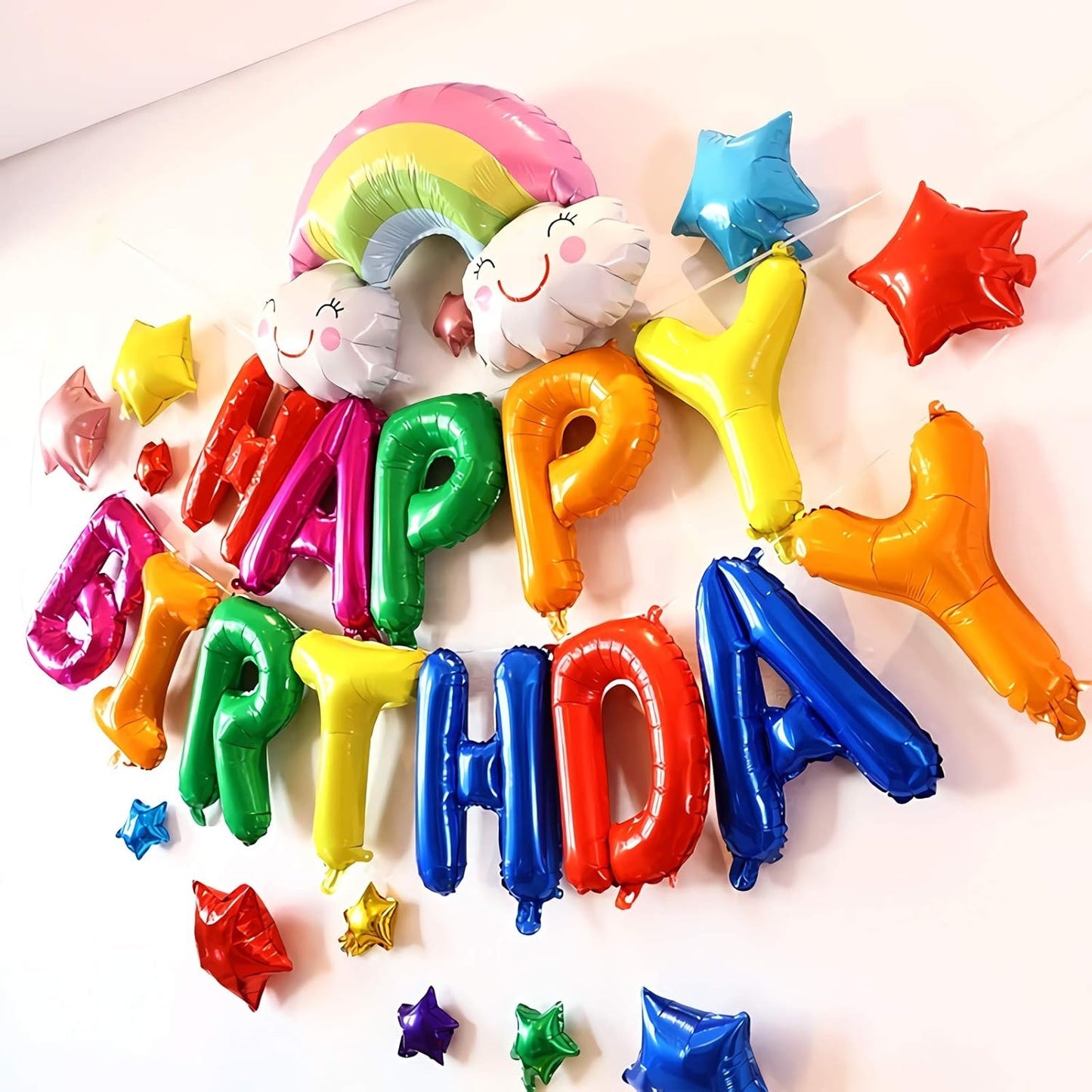 Set Baloane din Folie Metalizata, Model Happy Birthday, Litere de 40 cm, Baloane Party, Ambalaj Individual, Pai, Ata si Adeziv Incluse, Umflare cu Aer sau Heliu, Multicolor