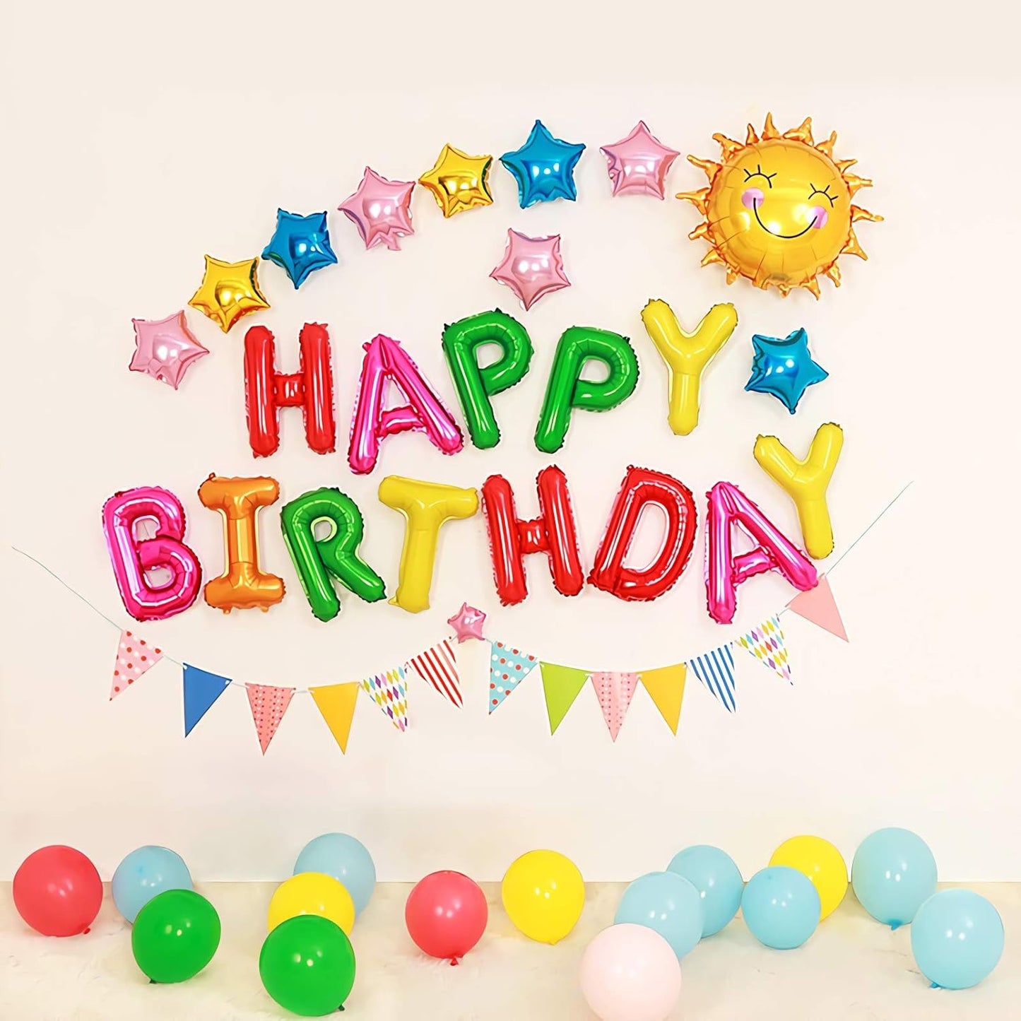Set Baloane din Folie Metalizata, Model Happy Birthday, Litere de 40 cm, Baloane Party, Ambalaj Individual, Pai, Ata si Adeziv Incluse, Umflare cu Aer sau Heliu, Multicolor