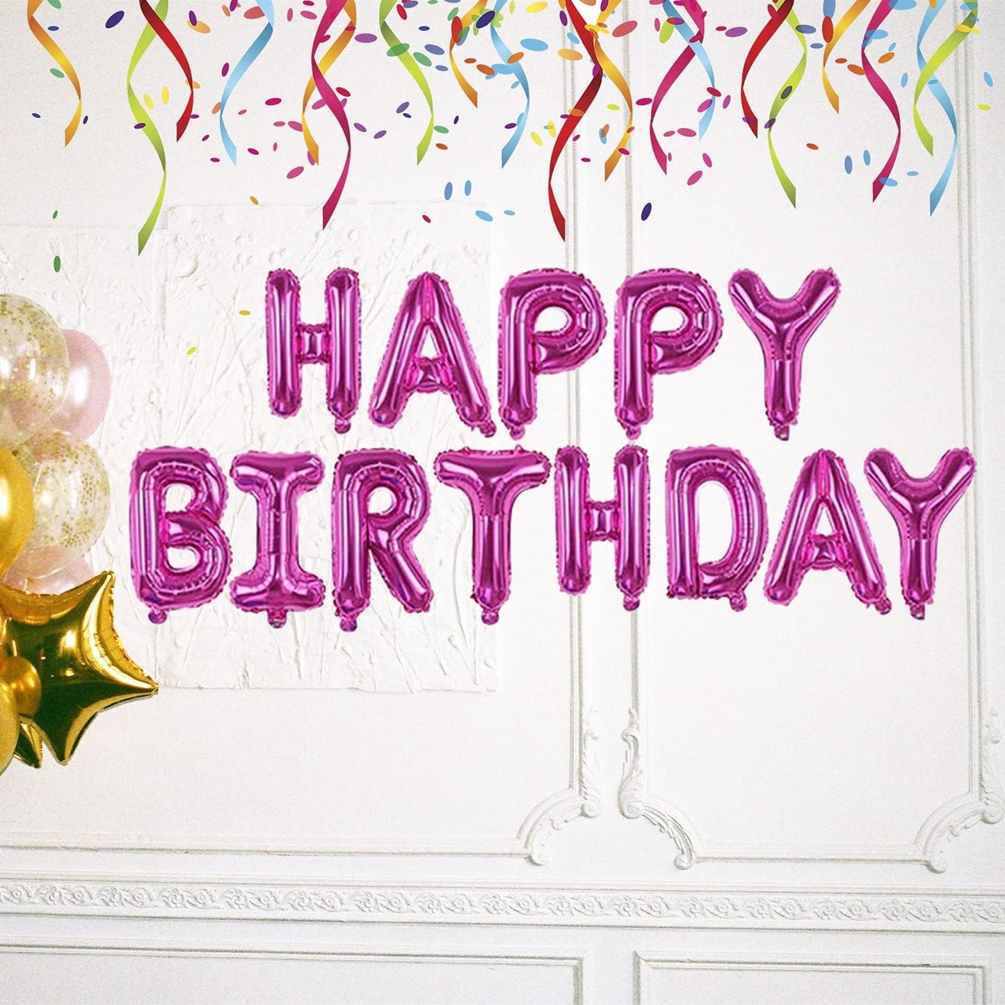 Set Baloane din Folie Metalizata, Model Happy Birthday, Litere de 40 cm, Baloane Party, Ambalaj Individual, Pai, Ata si Adeziv Incluse, Umflare cu Aer sau Heliu, Mov