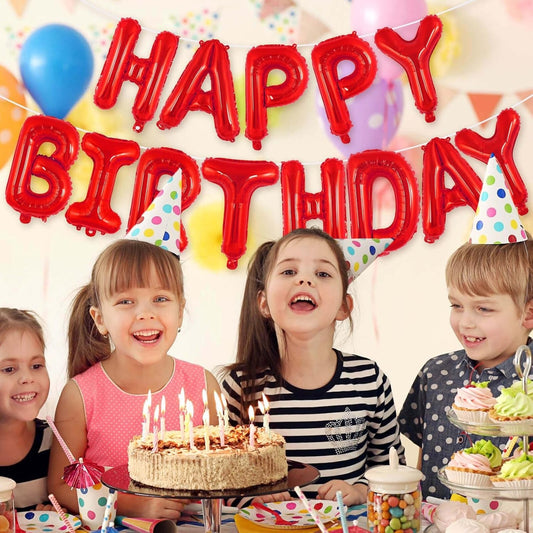 Set Baloane din Folie Metalizata, Model Happy Birthday, Litere de 40 cm, Baloane Party, Ambalaj Individual, Pai, Ata si Adeziv Incluse, Umflare cu Aer sau Heliu, Rosu