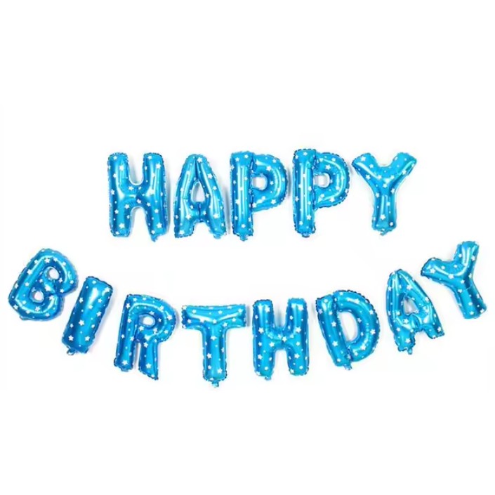 Set Baloane din Folie Metalizata, Model Happy Birthday, Litere de 40 cm, Baloane Party, Ambalaj Individual, Pai, Ata si Adeziv Incluse, Umflare cu Aer sau Heliu, Albastru