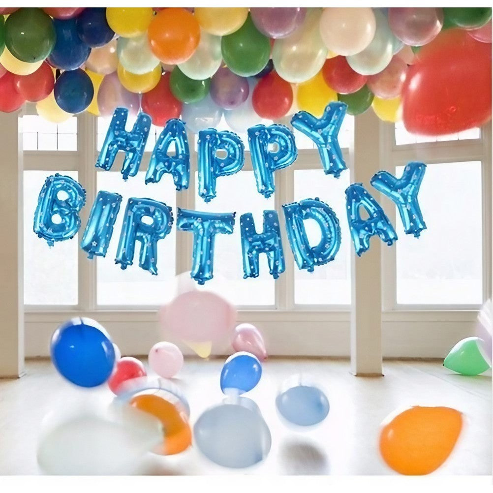 Set Baloane din Folie Metalizata, Model Happy Birthday, Litere de 40 cm, Baloane Party, Ambalaj Individual, Pai, Ata si Adeziv Incluse, Umflare cu Aer sau Heliu, Albastru