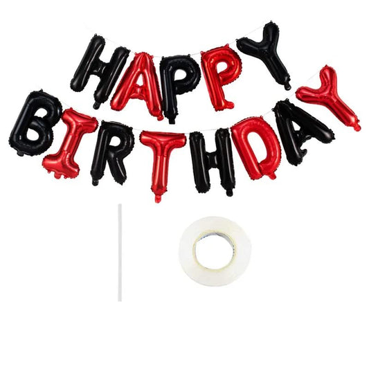 Set Baloane din Folie Metalizata, Model Happy Birthday, Litere de 40 cm, Baloane Party, Ambalaj Individual, Pai, Ata si Adeziv Incluse, Umflare cu Aer sau Heliu, Rosu-Negru