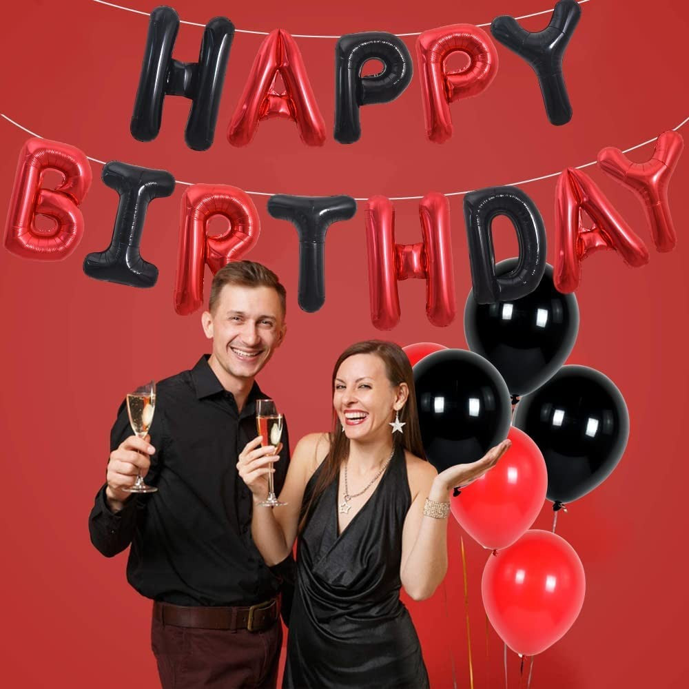 Set Baloane din Folie Metalizata, Model Happy Birthday, Litere de 40 cm, Baloane Party, Ambalaj Individual, Pai, Ata si Adeziv Incluse, Umflare cu Aer sau Heliu, Rosu-Negru
