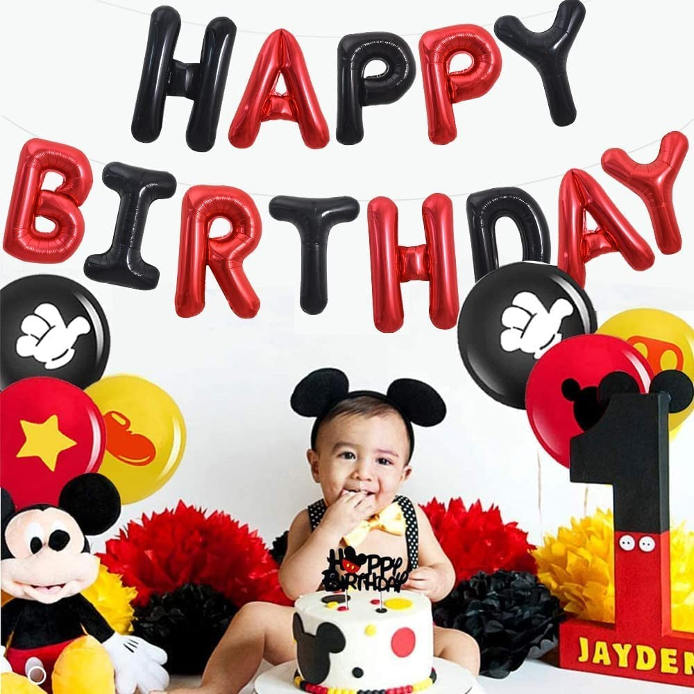 Set Baloane din Folie Metalizata, Model Happy Birthday, Litere de 40 cm, Baloane Party, Ambalaj Individual, Pai, Ata si Adeziv Incluse, Umflare cu Aer sau Heliu, Rosu-Negru