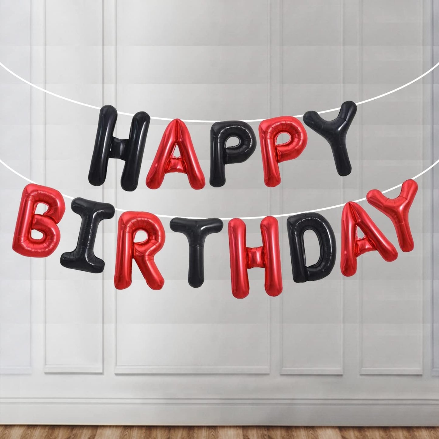 Set Baloane din Folie Metalizata, Model Happy Birthday, Litere de 40 cm, Baloane Party, Ambalaj Individual, Pai, Ata si Adeziv Incluse, Umflare cu Aer sau Heliu, Rosu-Negru